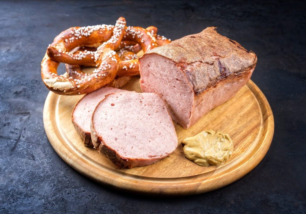 Traditional,Oven-fresh,Bavarian,Leberkaese,Sliced,And,As,Piece,Served,With